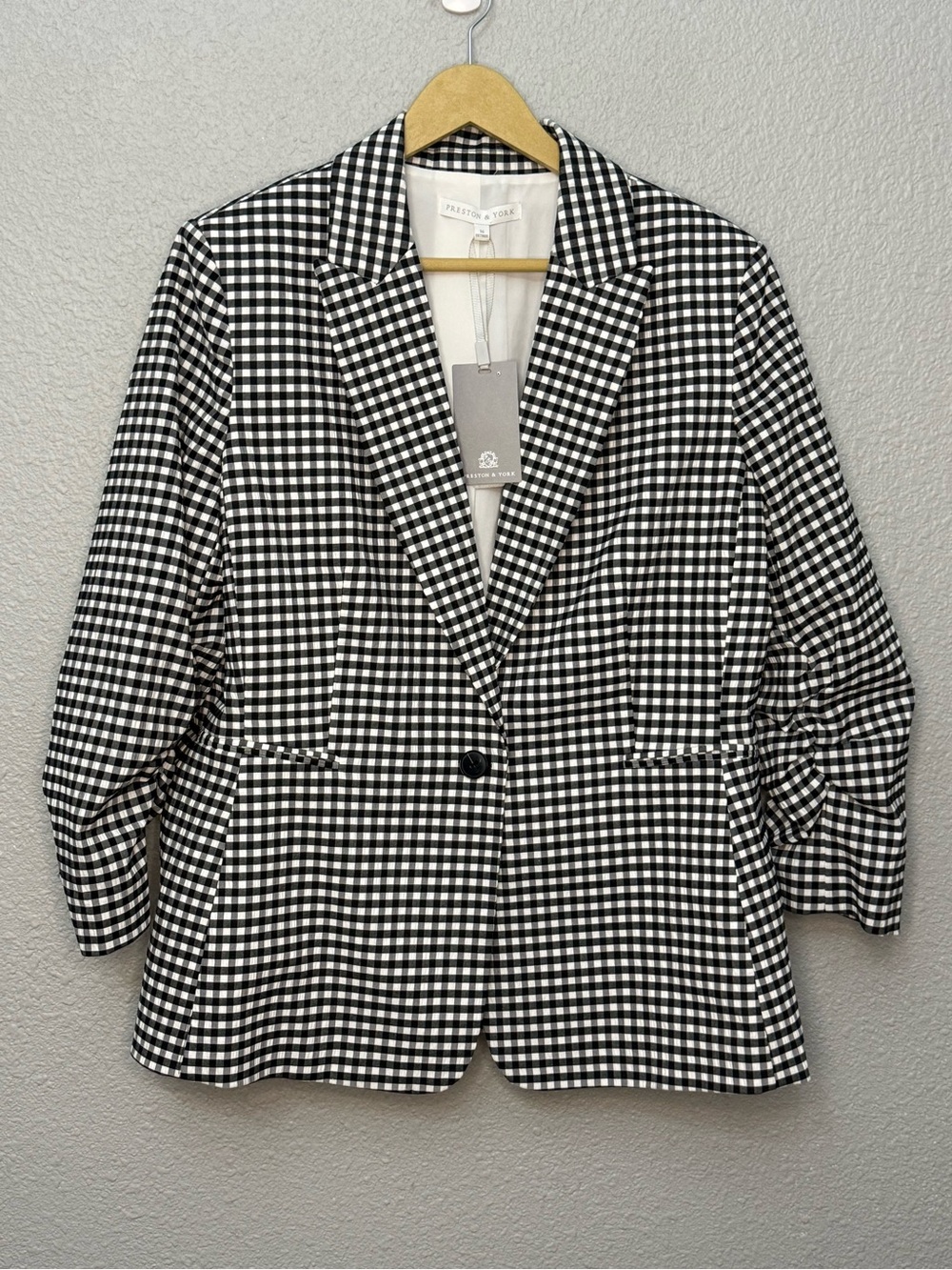 NWT Preston & York Gwen Gingham One Button Blazer Size 16 Ruched Sleeves